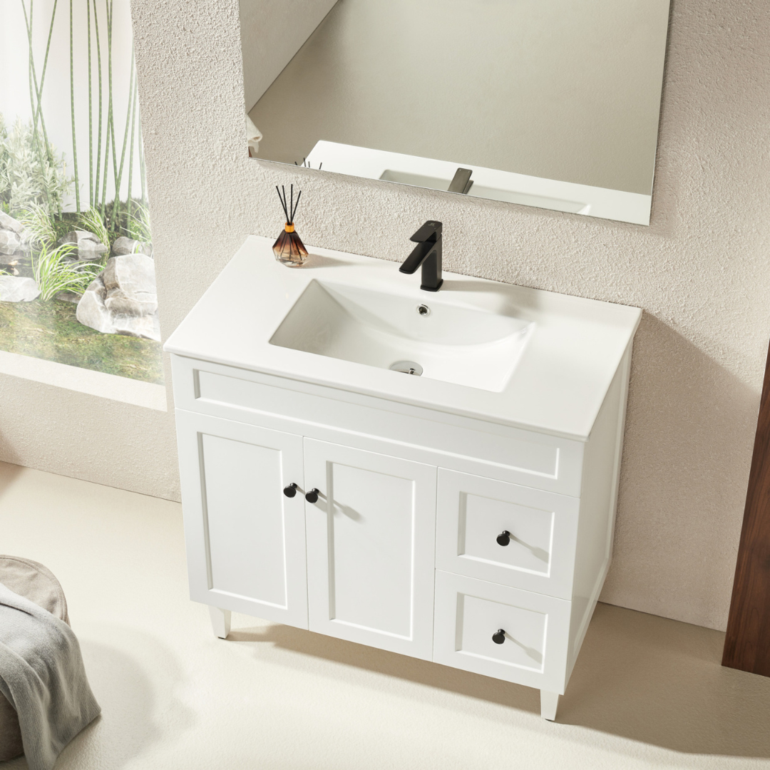 Harrington PVC Floor Vanity 900mm matte white right hand top view inside the bathroom