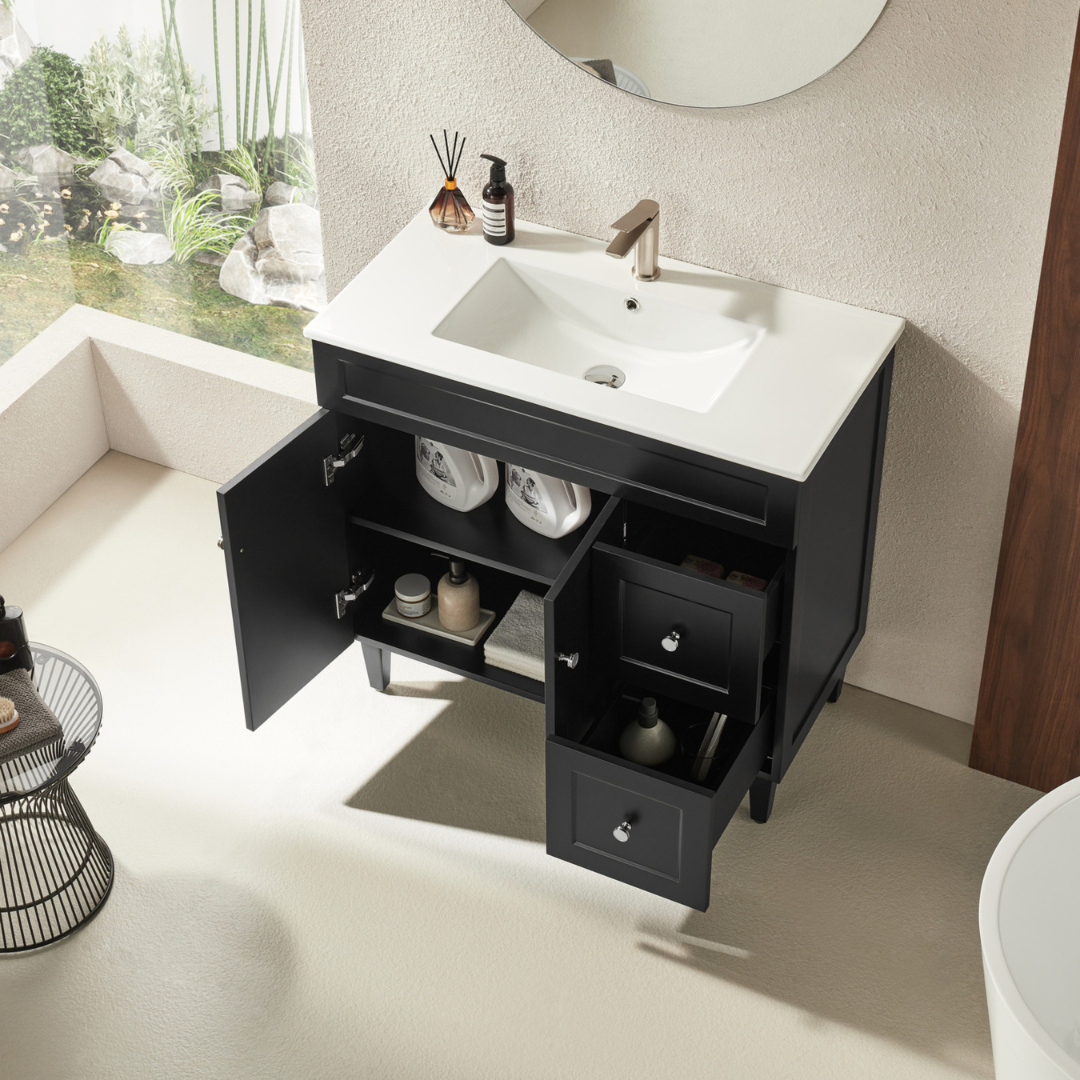 Open right hand matte black Harrington PVC Floor Vanity 900mm