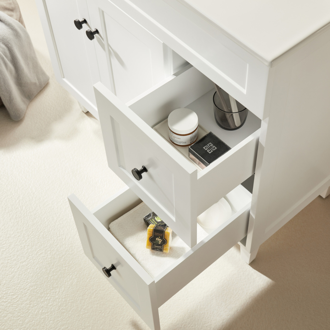 Closer look of open matte white right hand drawer top view