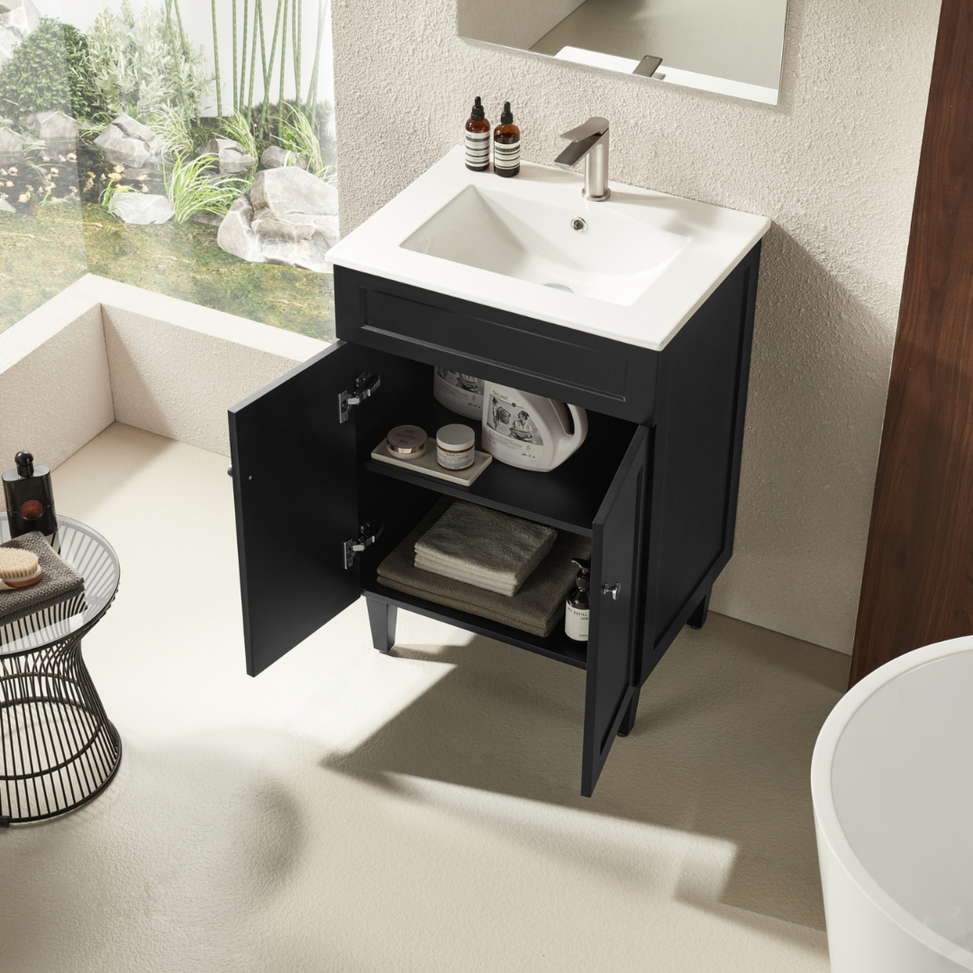 Open Harrington PVC Floor Vanity 600mm matte black inside bathroom