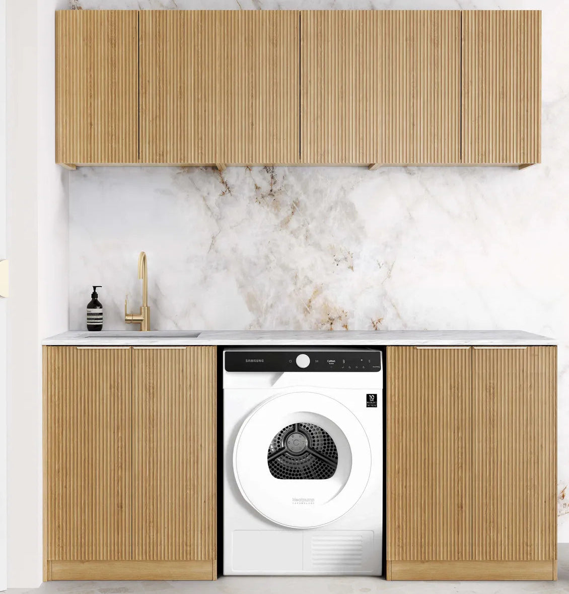 Modern kitchen with wooden cabinets and a washing machine.