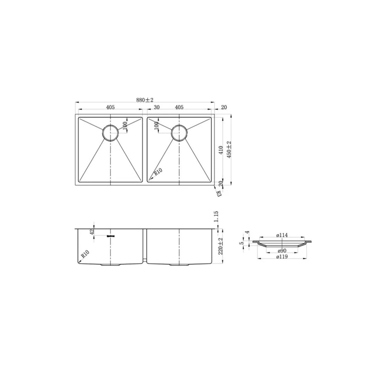 Arte 880x450x220mm Double Bowl Sink Drawing