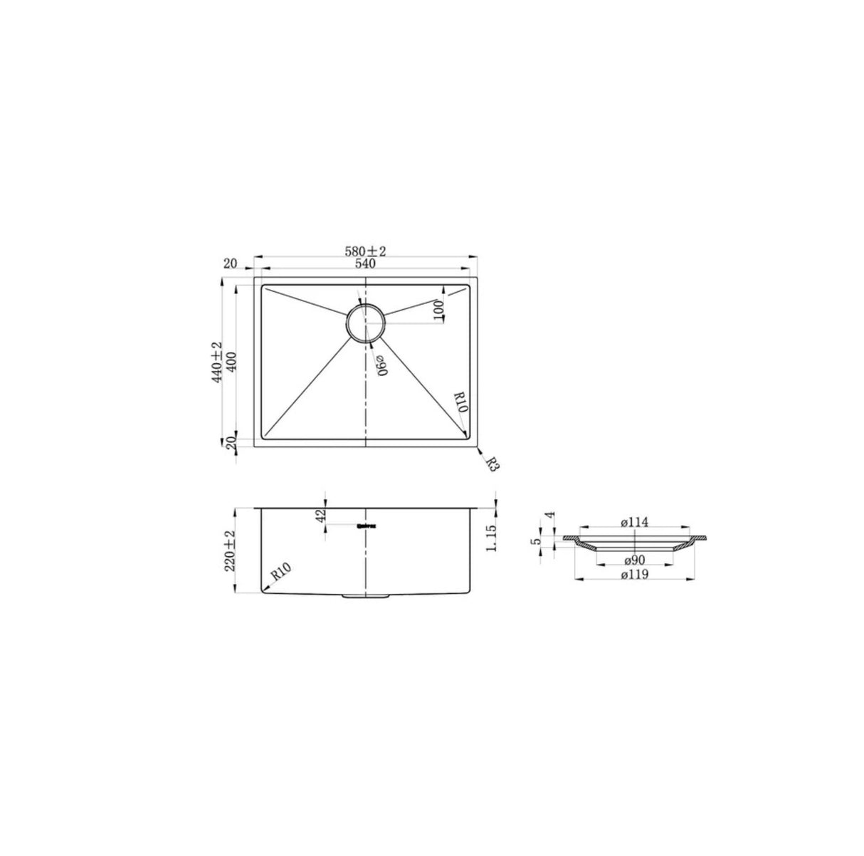 Axon 580x440x220mm Single Bowl Sink drawing