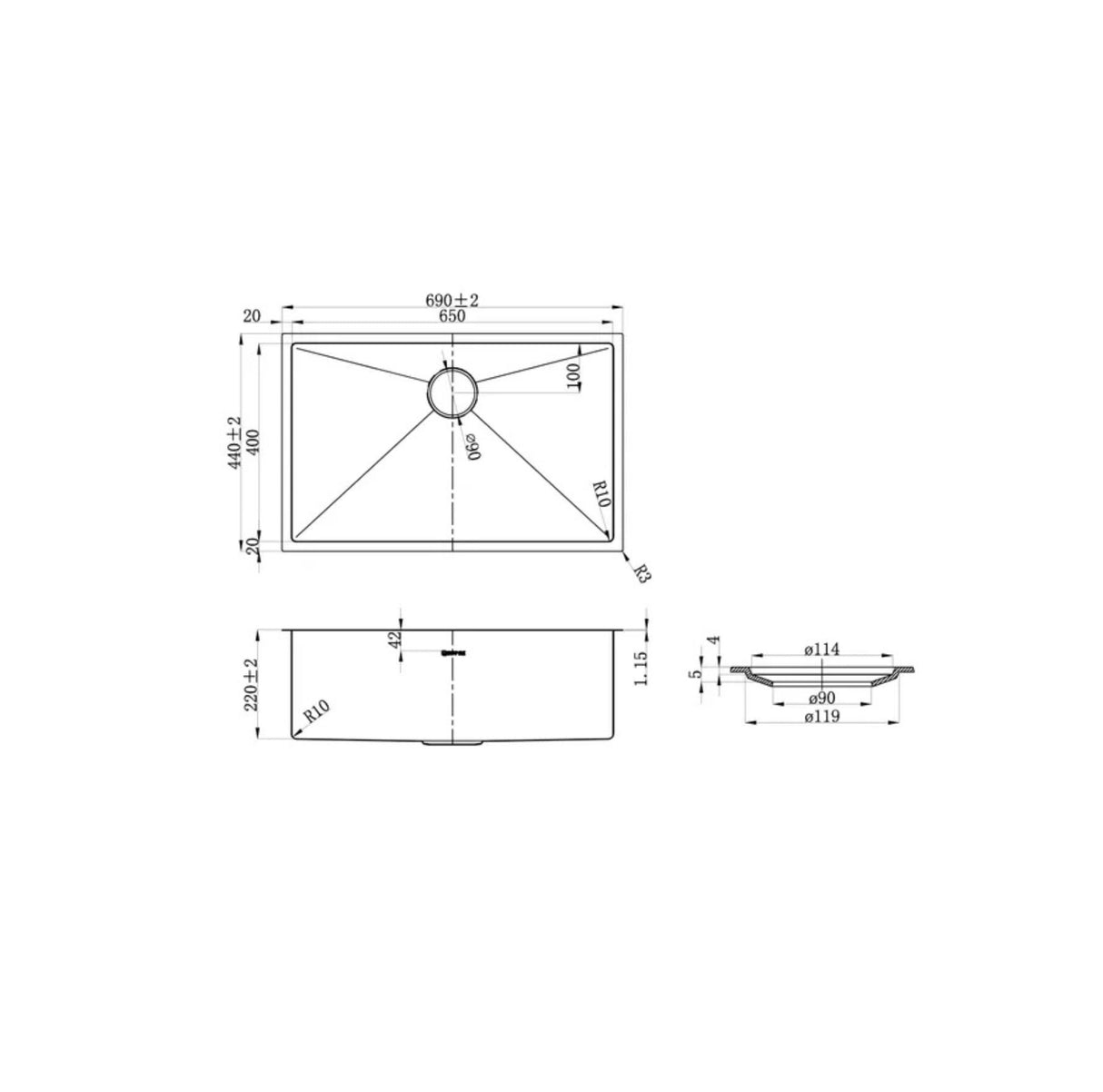 Axon 690×440×220mm Single Bowl Sink Drawing