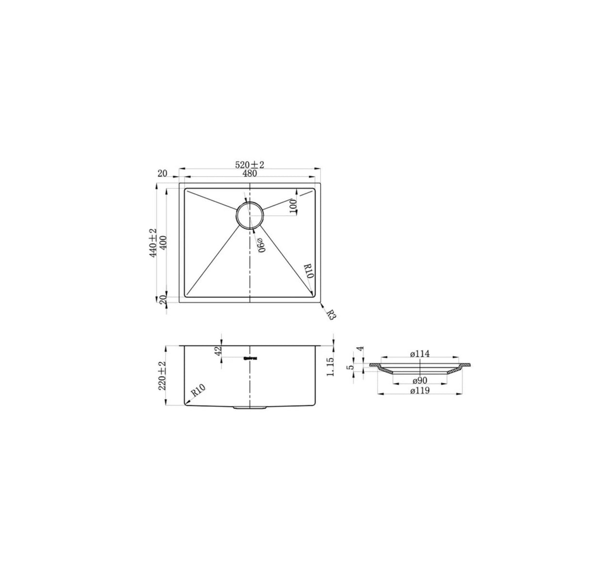 Axon 520x440x220mm Single Bowl Sink drawing
