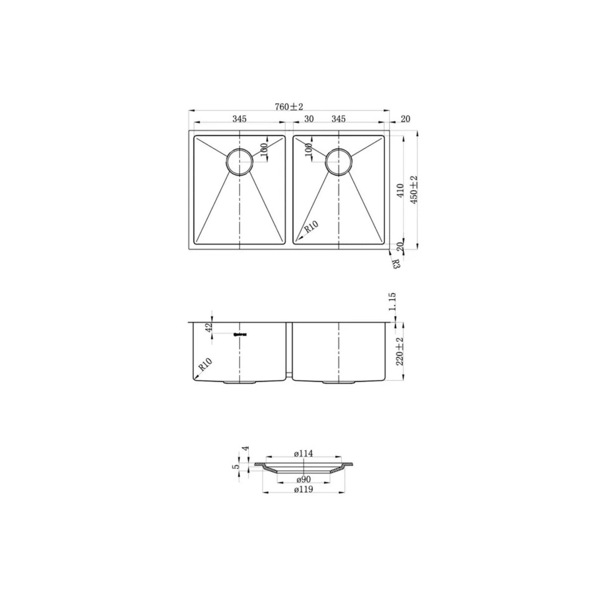 Arte 760x450x220mm Double Bowl Sink Drawing