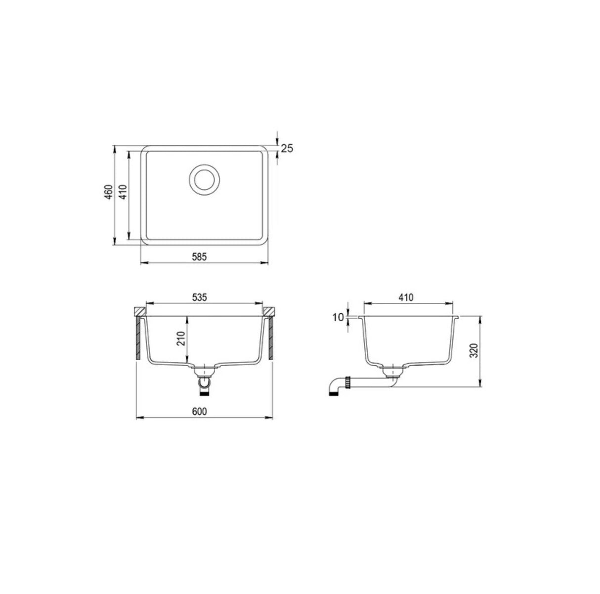 Viva 585×460x210mm Single Bowl Granite Sink Drawing