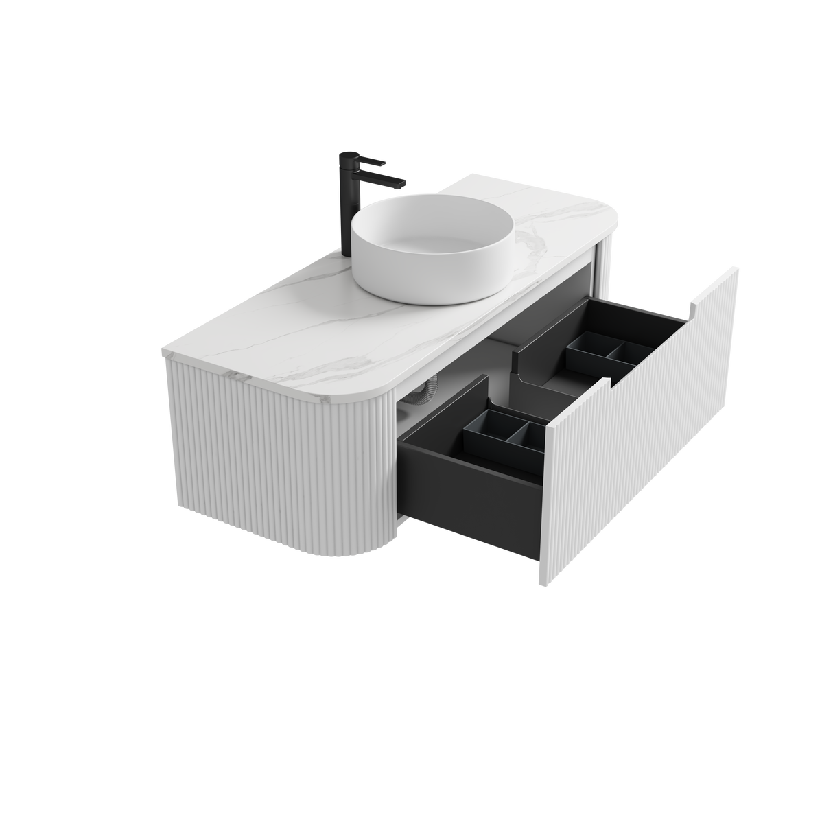 Bathroom vanity with open drawer on a white background