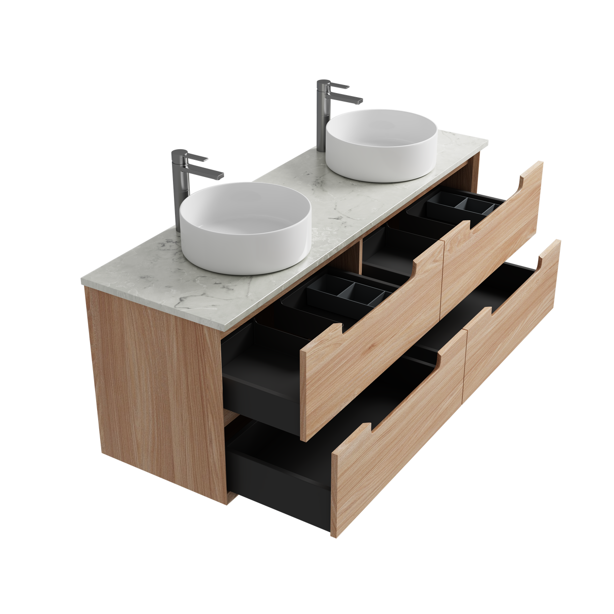 Bathroom vanity with two sinks, wooden cabinet, and open drawers on a white background