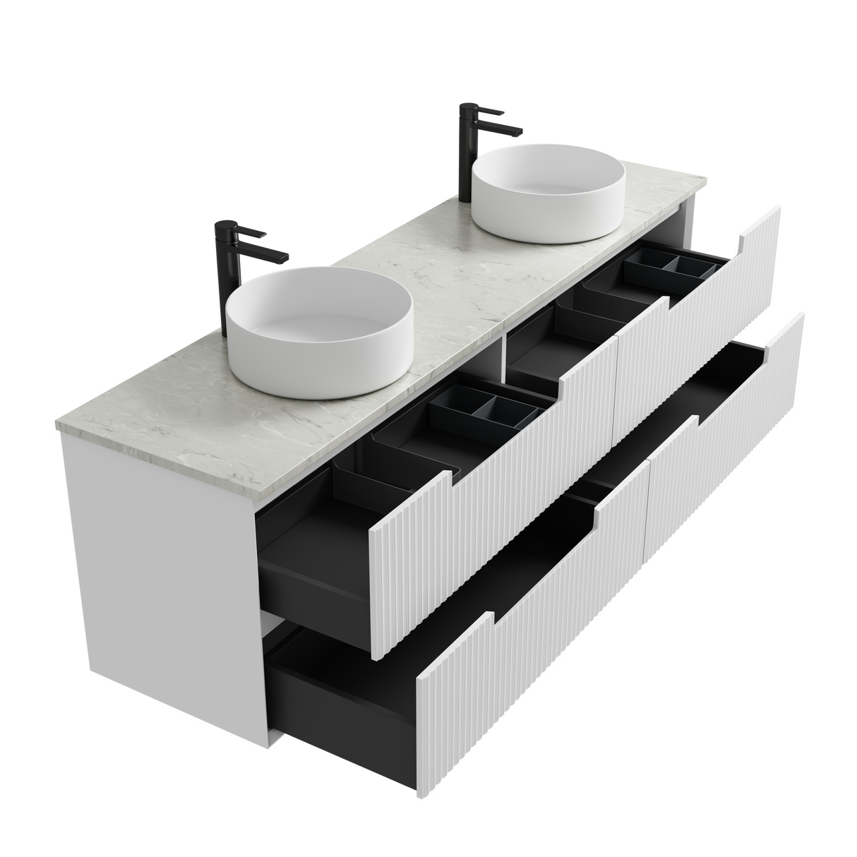 Bathroom vanity with two white sinks, black faucets, and open drawers on a white background