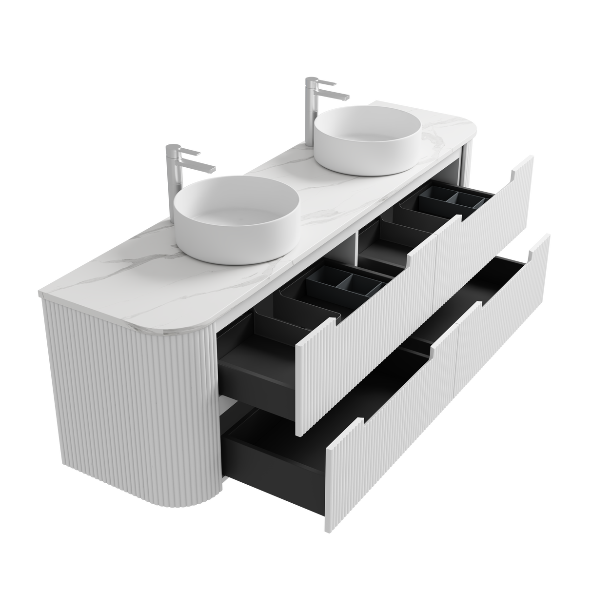 Bathroom vanity with double sink and storage drawers on a white background
