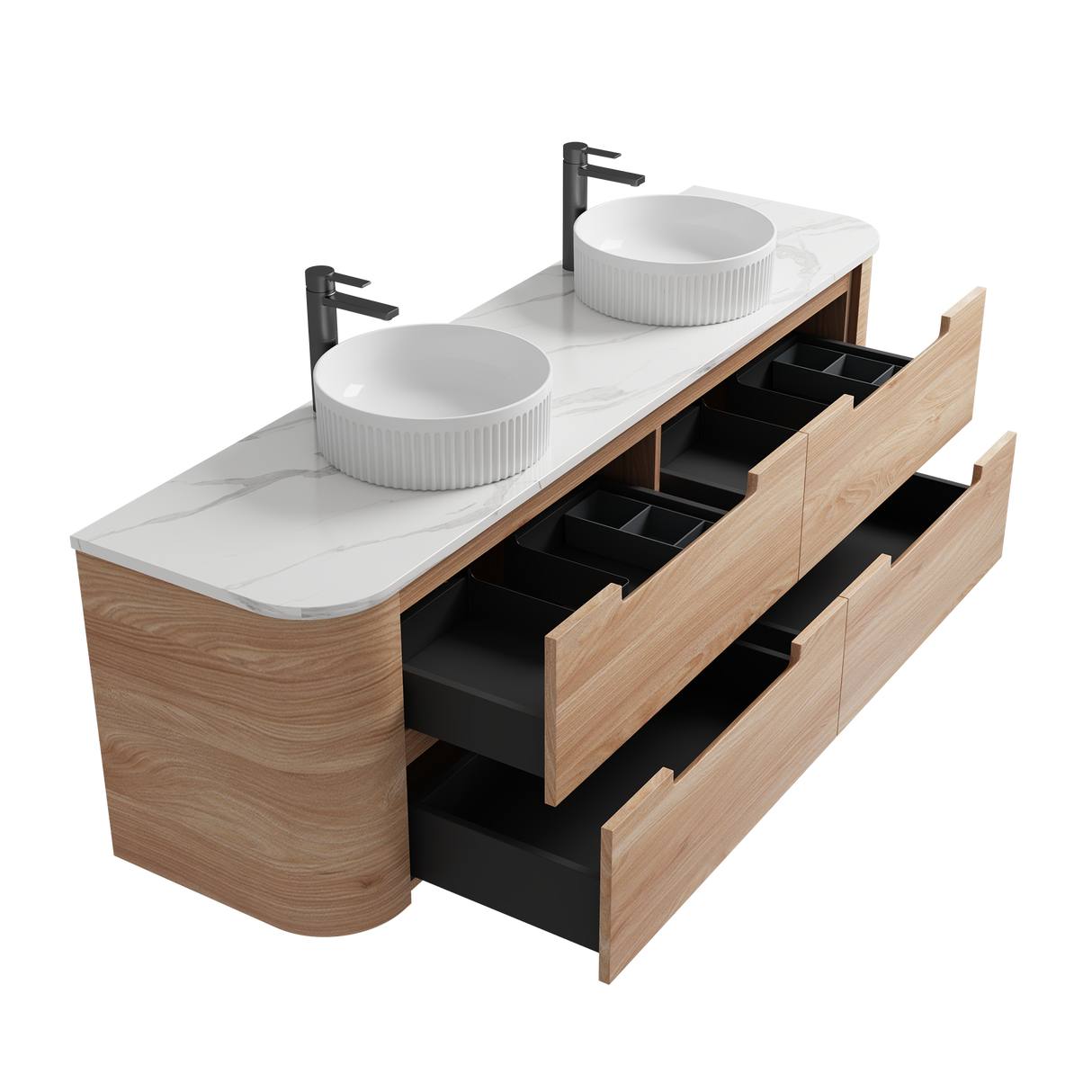 Bathroom vanity with wooden finish, white countertop, and black drawers.