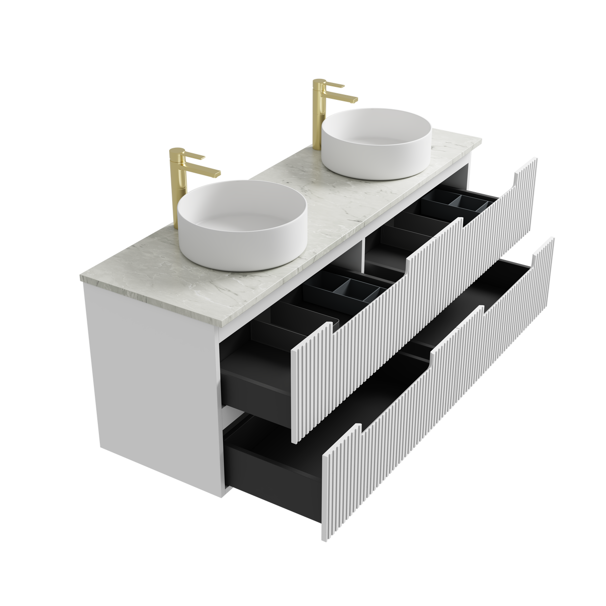 Bathroom vanity with two white sinks and gold faucets on a white background