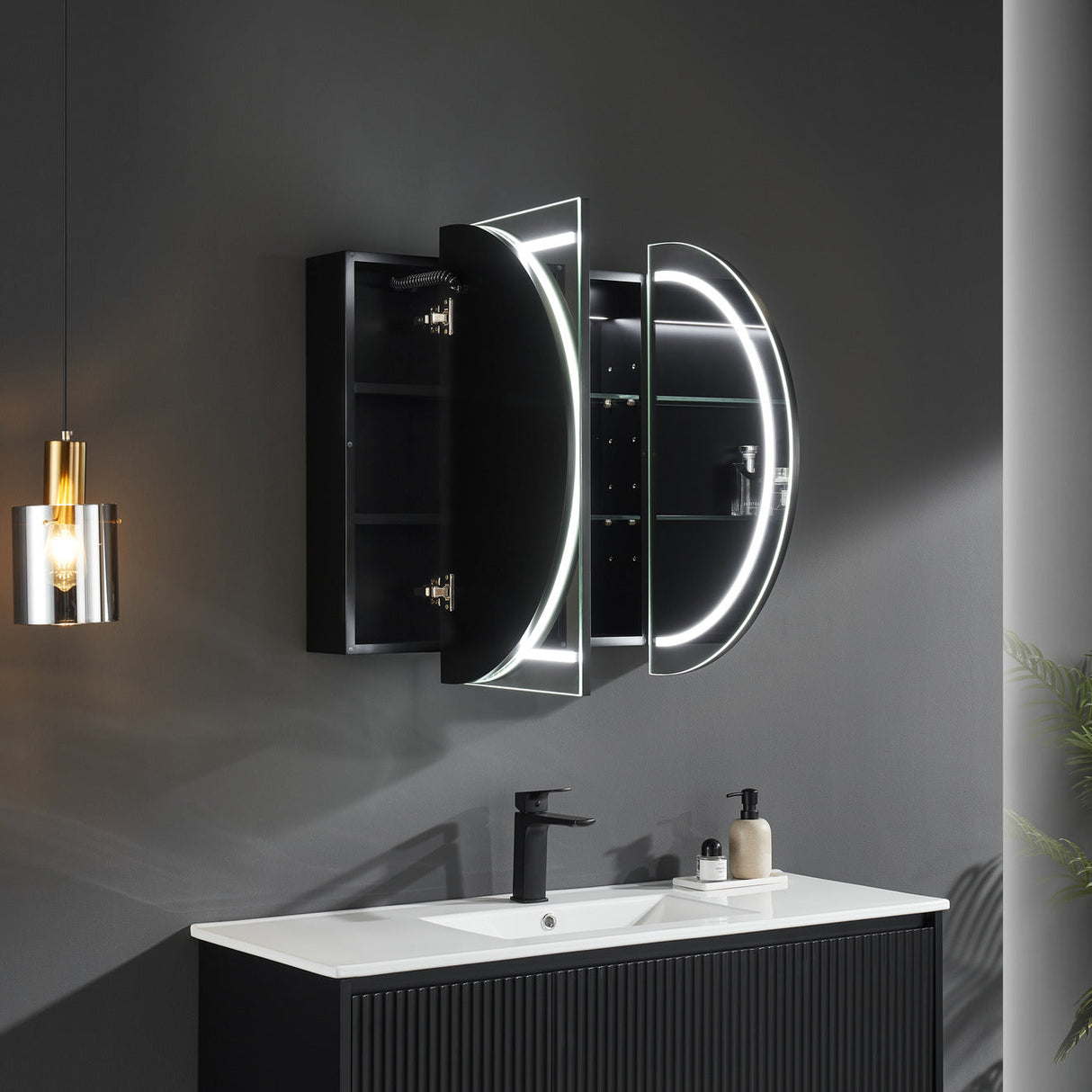 Bathroom setup with a vanity, mirror, and pendant light on a dark wall.