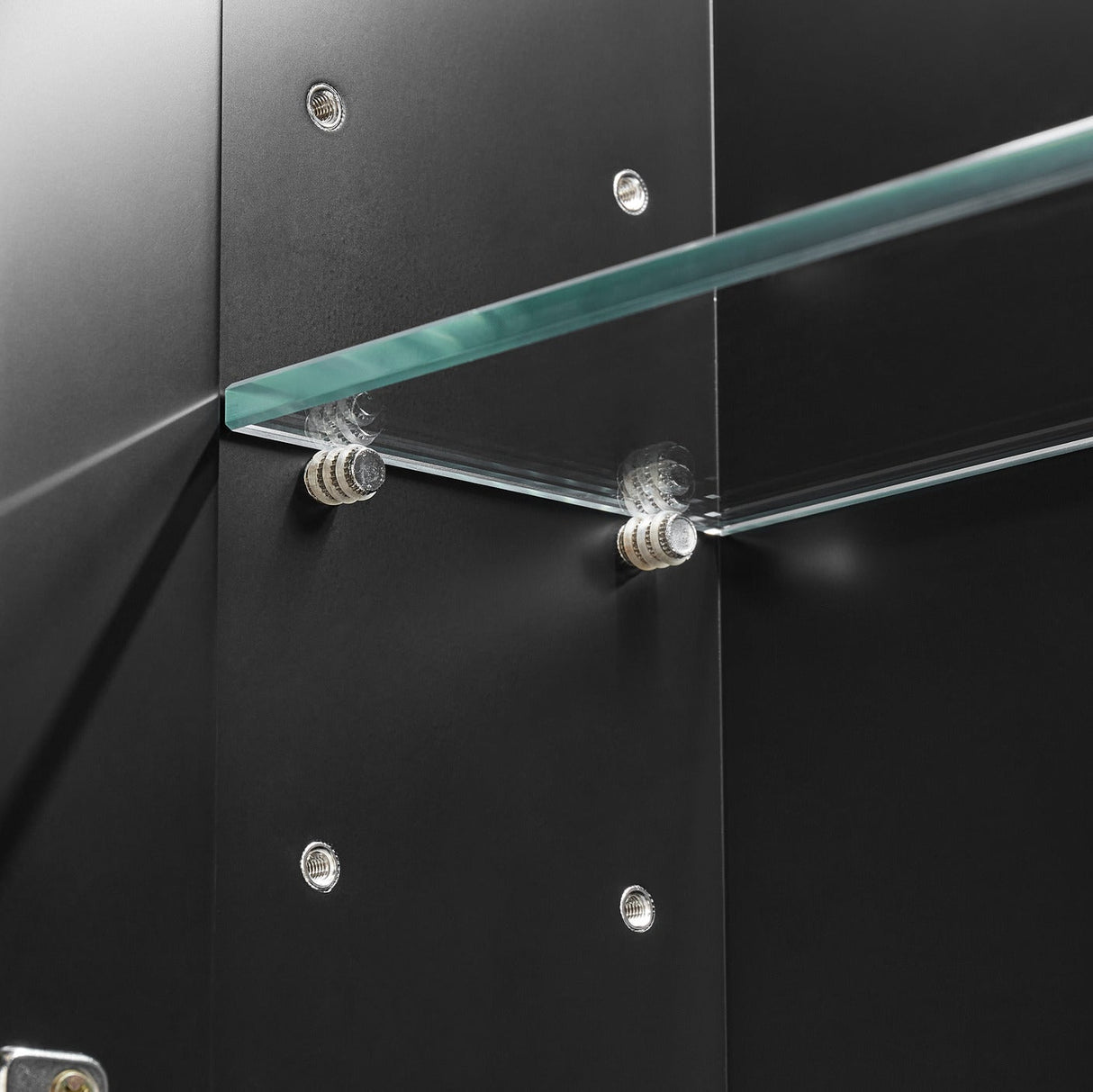 close up of glass shelves inside the black cabinet