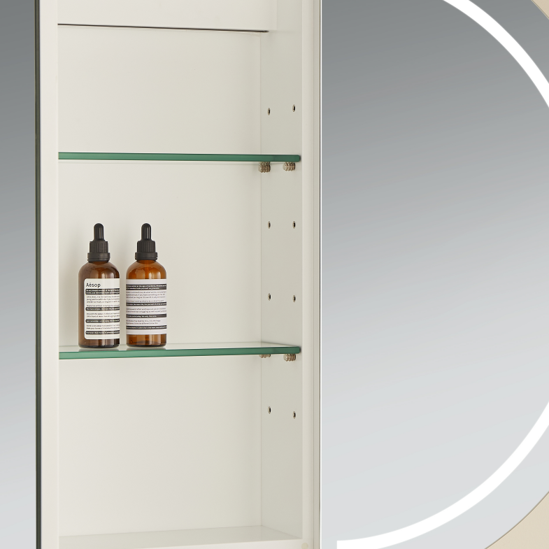 Two bottles on a glass shelf inside a cabinet with a neutral background