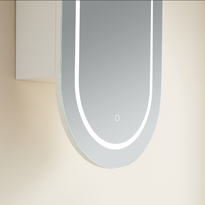 Modern oval mirror with LED lighting on a neutral background