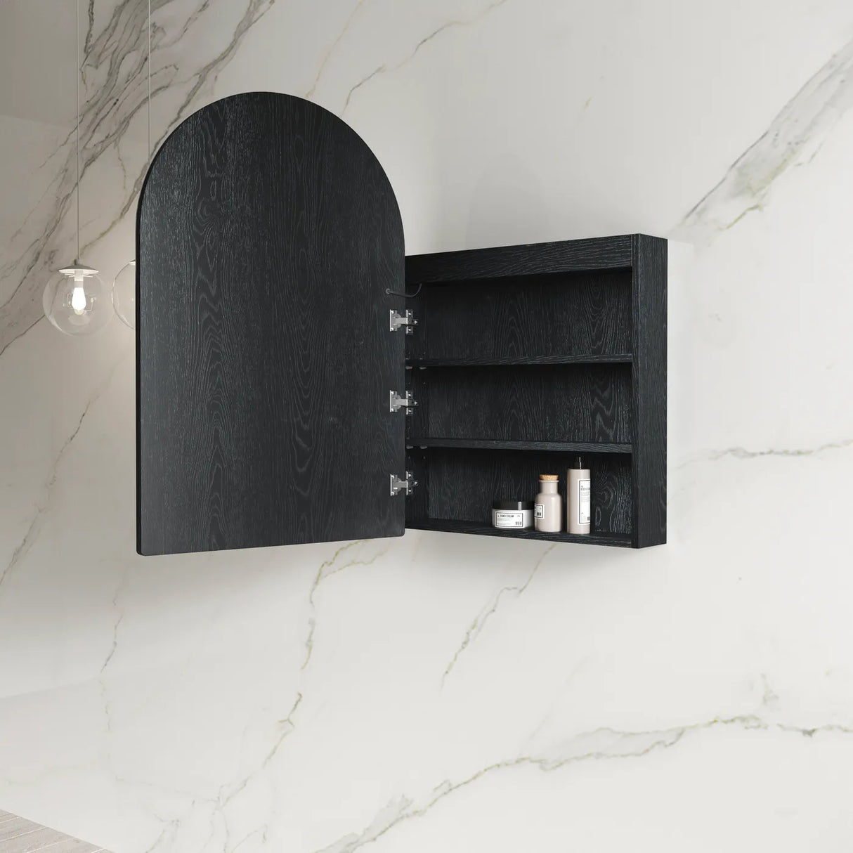 Side view Open LED Archie Shaving Cabinet 900mm - Black Oak