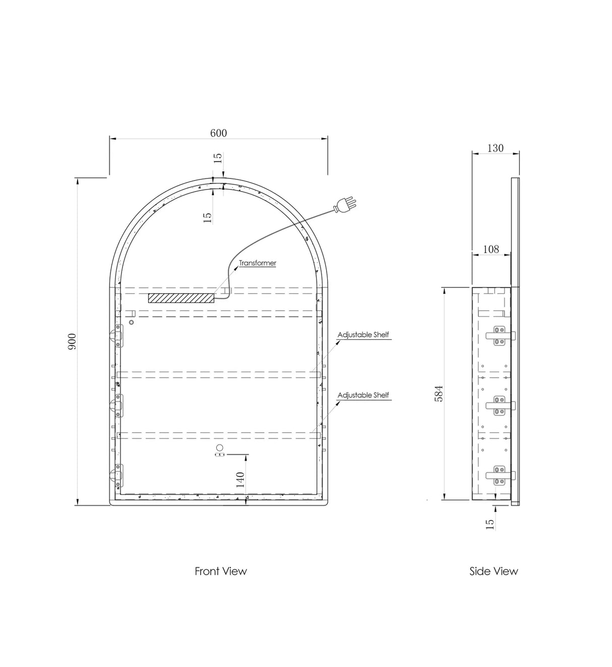 LED Archie Shaving Cabinet 900mm - Black Oak drawing