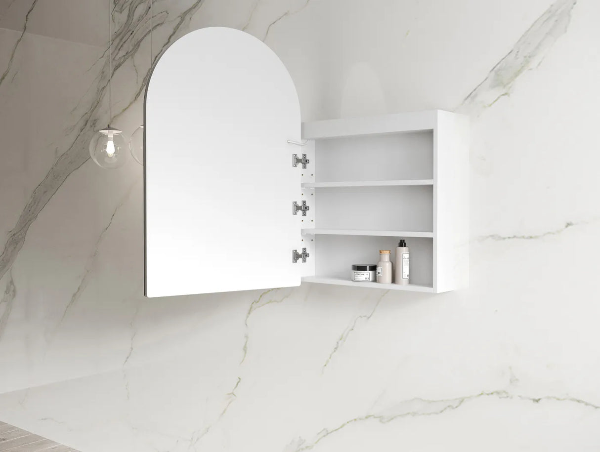 Side view open LED Archie Shaving Cabinet 900mm - Matte White