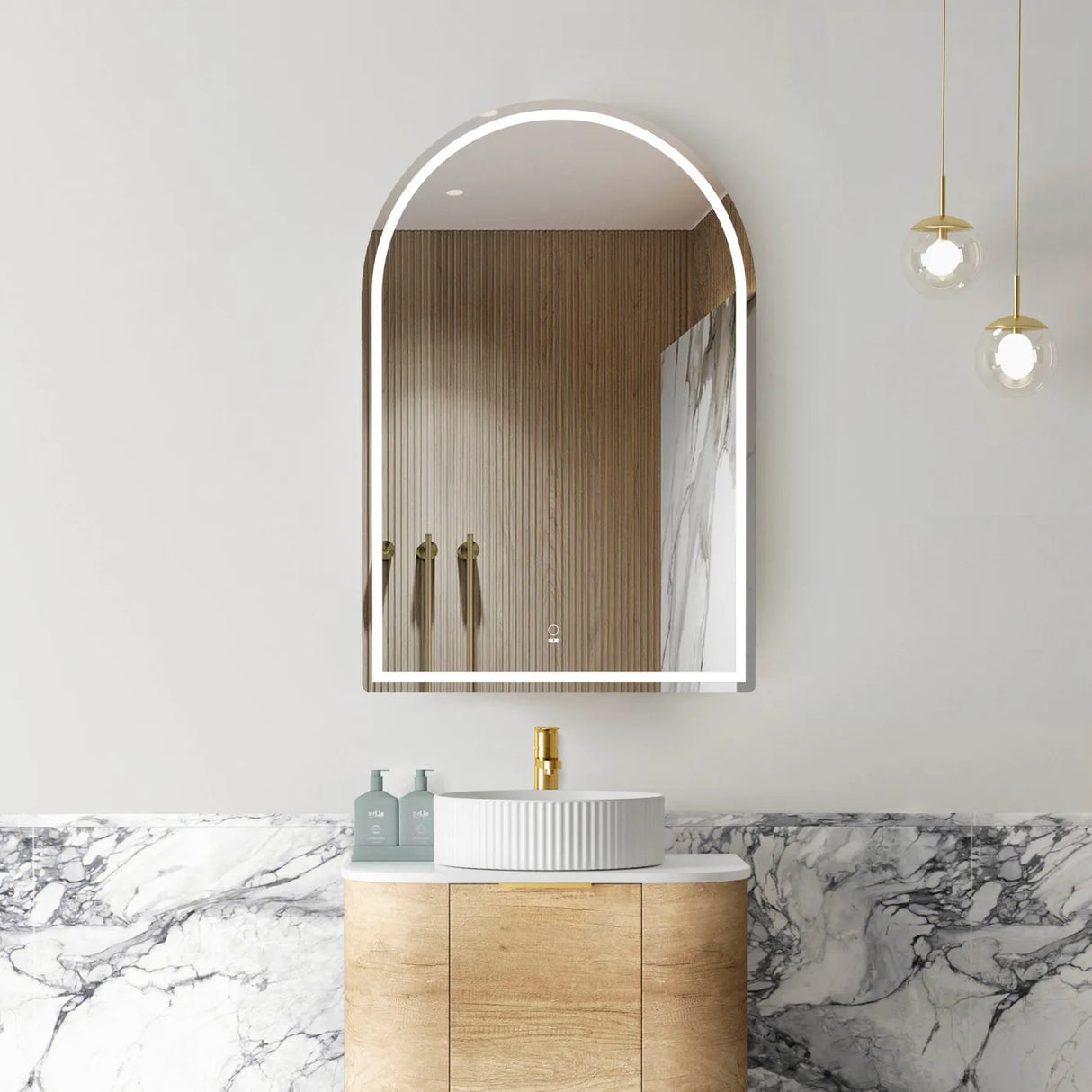 Bathroom with installed LED Archie Shaving Cabinet 900mm - Natural Oak front view