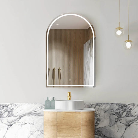 Bathroom with installed LED Archie Shaving Cabinet 900mm - Natural Oak front view