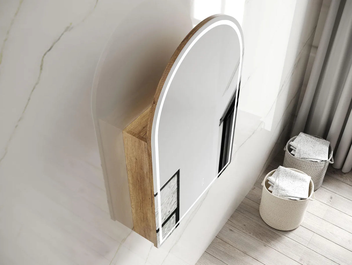 Room with installed LED Archie Shaving Cabinet 900mm - Natural Oak top view