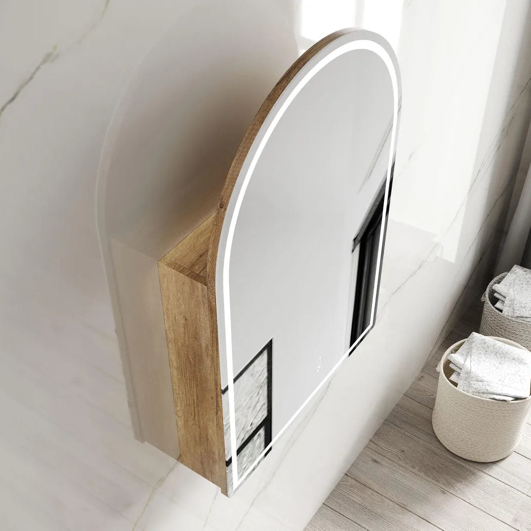 Room with installed LED Archie Shaving Cabinet 900mm - Natural Oak top view