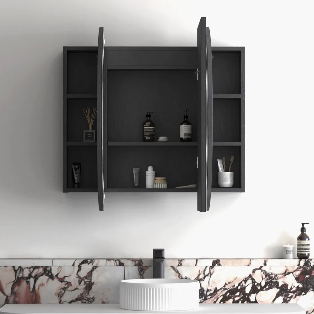 Front view of installed LED Bondi Black Oak Shaving Cabinet - 1200 x 750mm inside bathroom