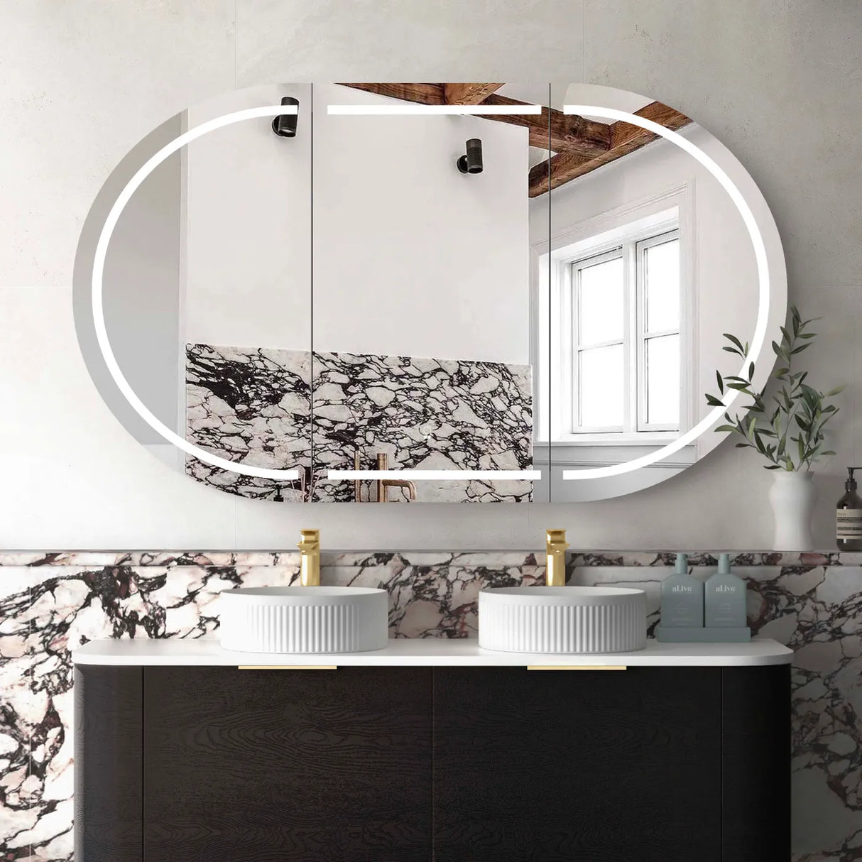 Bathroom with mounted mirror LED Bondi Black Oak Shaving Cabinet - 1500 x 900mm