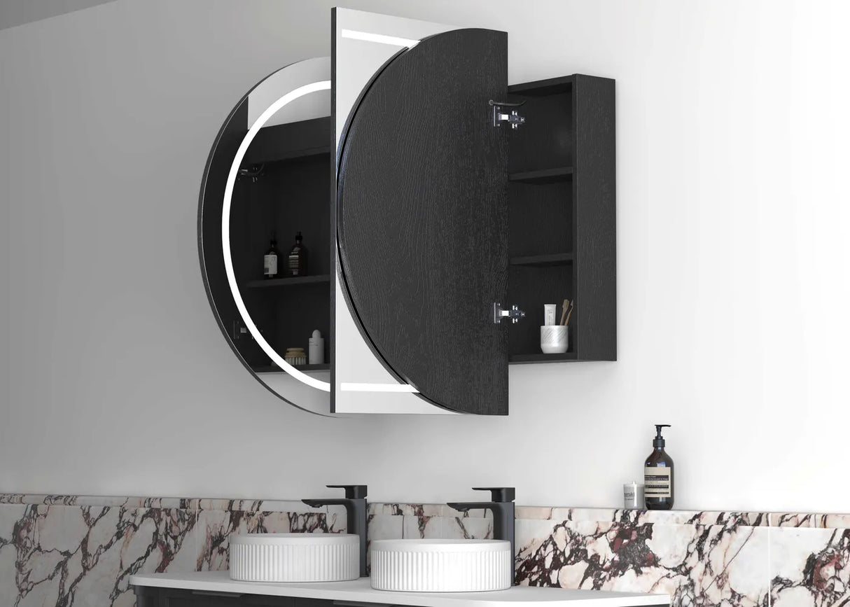 side view of open LED Bondi Black Oak Shaving Cabinet - 1500 x 900mm