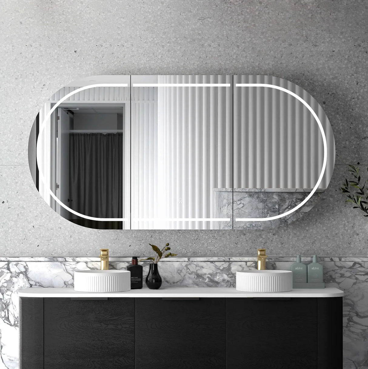 mirror and LED Bondi Black Oak Shaving Cabinet - 1800 x 900mm mounted in the wall
