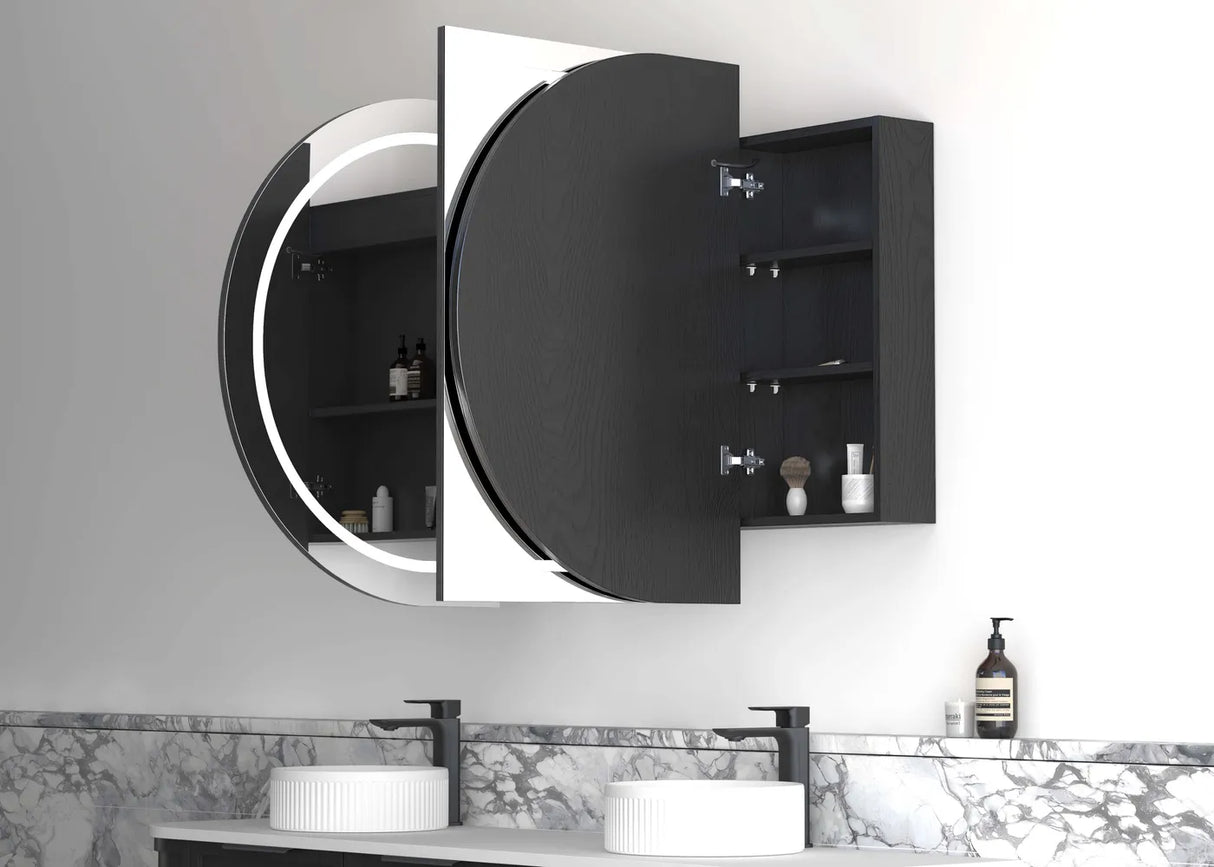 side view of open LED Bondi Black Oak Shaving Cabinet - 1800 x 900mm