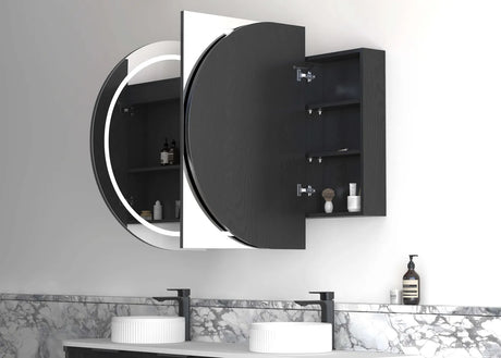 side view of open LED Bondi Black Oak Shaving Cabinet - 1800 x 900mm