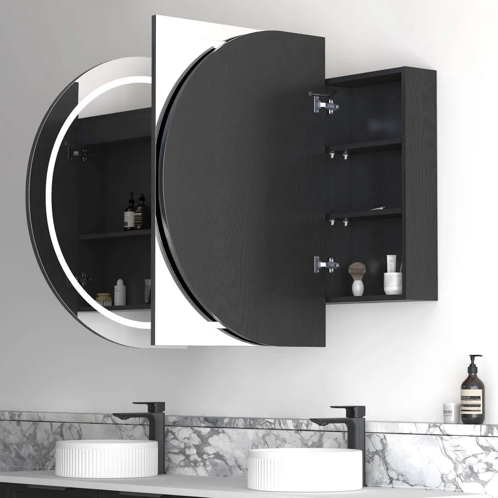 side view of open LED Bondi Black Oak Shaving Cabinet - 1800 x 900mm