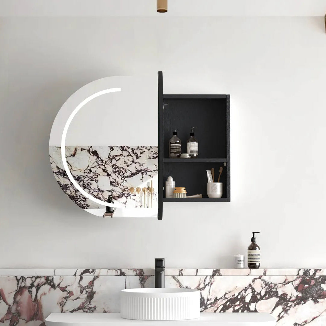 bathroom with installed open LED Bondi Black Oak Shaving Cabinet - 900 x 600mm