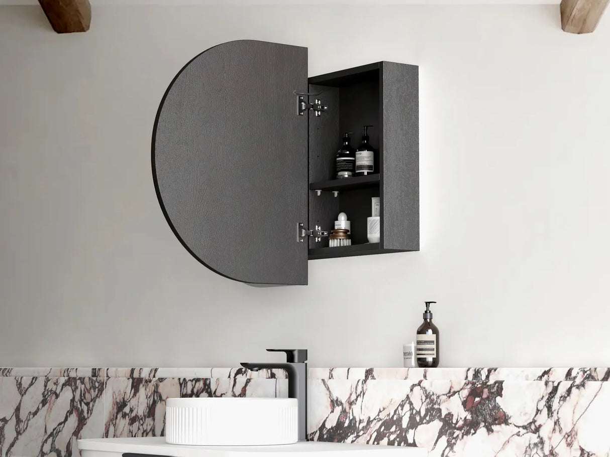 side view of open LED Bondi Black Oak Shaving Cabinet - 900 x 600mm