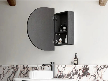 side view of open LED Bondi Black Oak Shaving Cabinet - 900 x 600mm