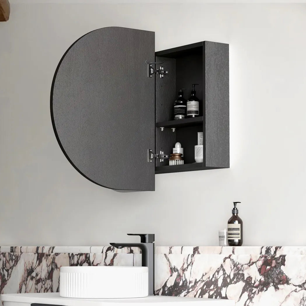 side view of open LED Bondi Black Oak Shaving Cabinet - 900 x 600mm