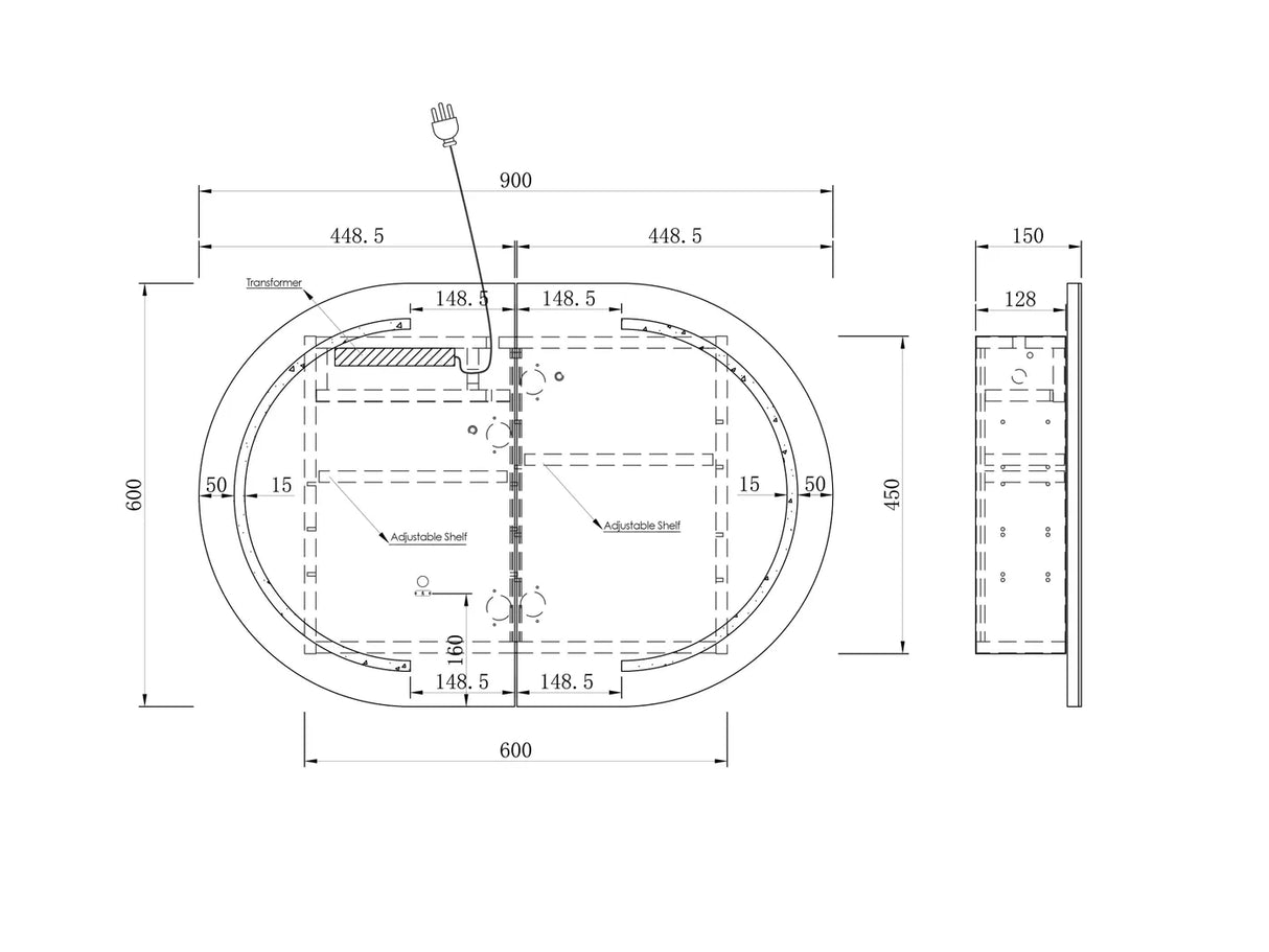 LED Bondi Black Oak Shaving Cabinet - 900 x 600mm drawing