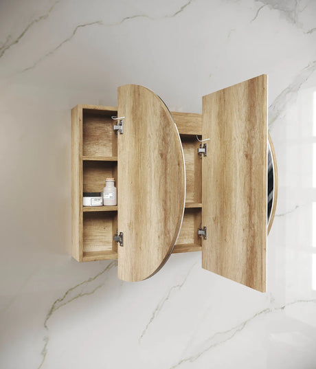 side view of open LED Bondi Natural Oak Shaving Cabinet - 1200x750mm