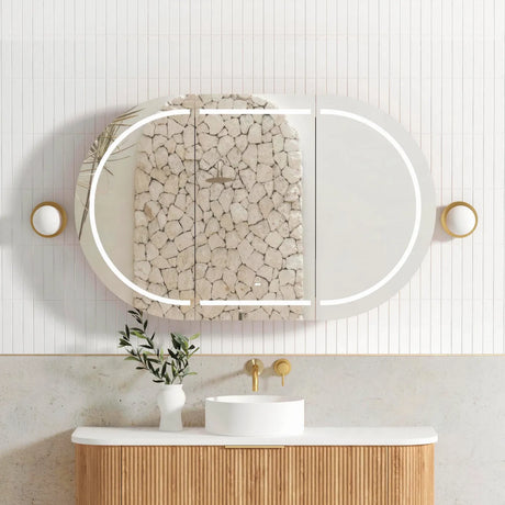 mirror and LED Bondi Natural Oak Shaving Cabinet - 1500 x 900mm mounted in the bathroom