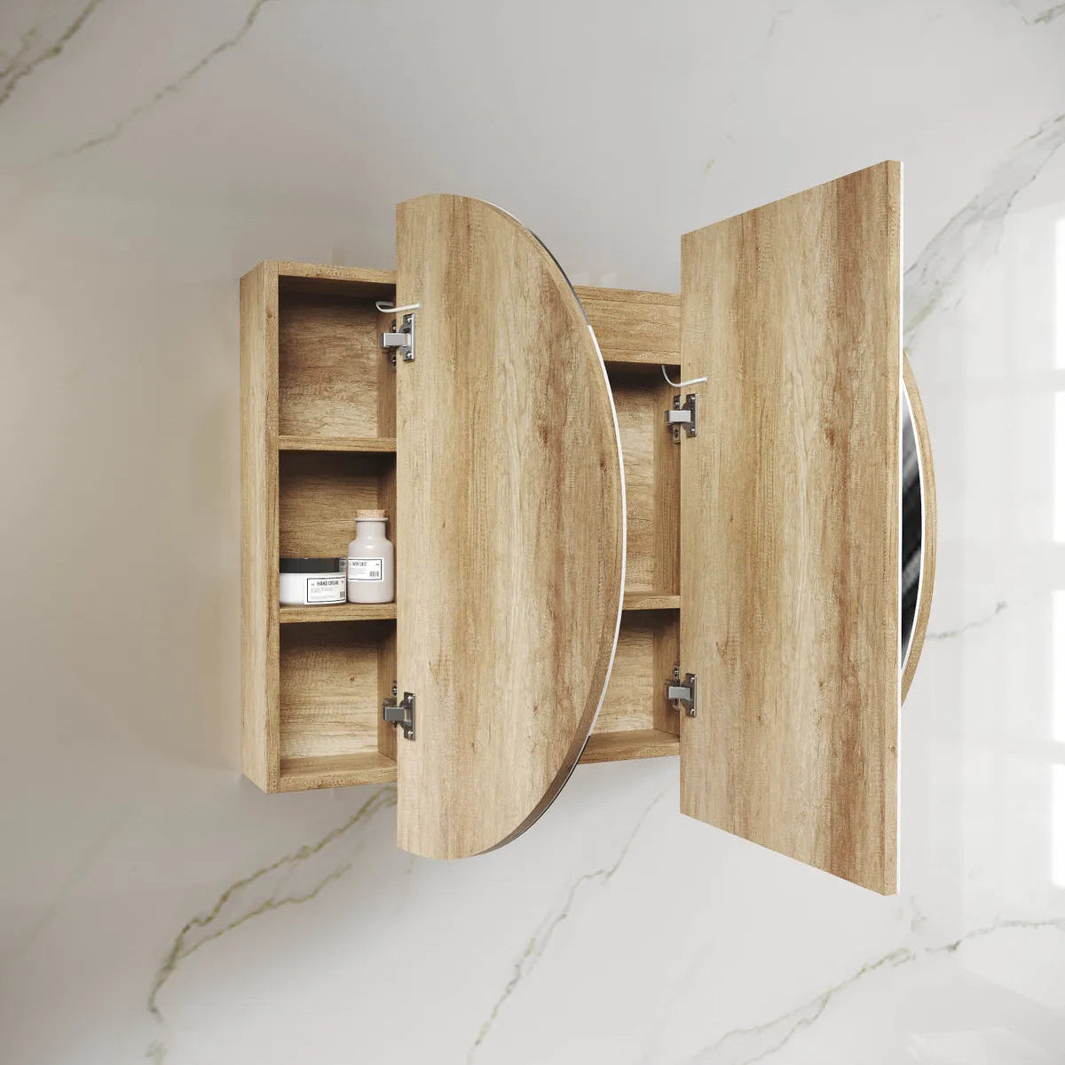 side view of open LED Bondi Natural Oak Shaving Cabinet - 1500 x 900mm