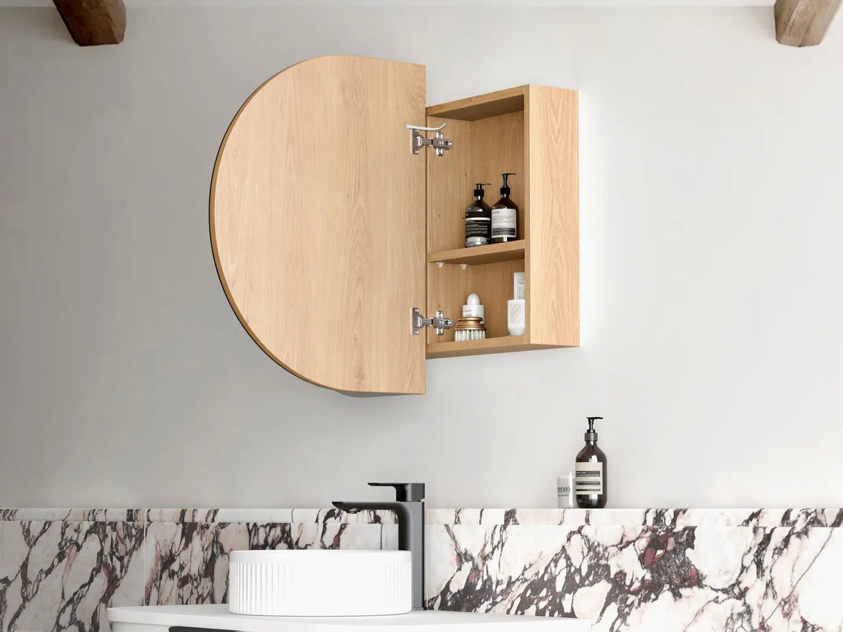 Side view of open LED Bondi Natural Oak Shaving Cabinet - 900x600mm
