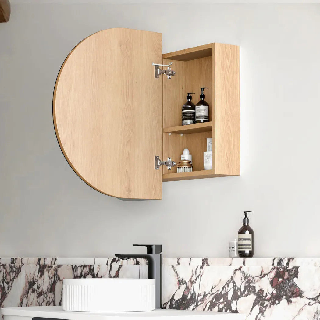 Side view of open LED Bondi Natural Oak Shaving Cabinet - 900x600mm