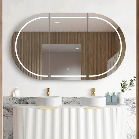 mirror and LED Bondi White Shaving Cabinet - 1500 x 900mm mounted in the bathroom