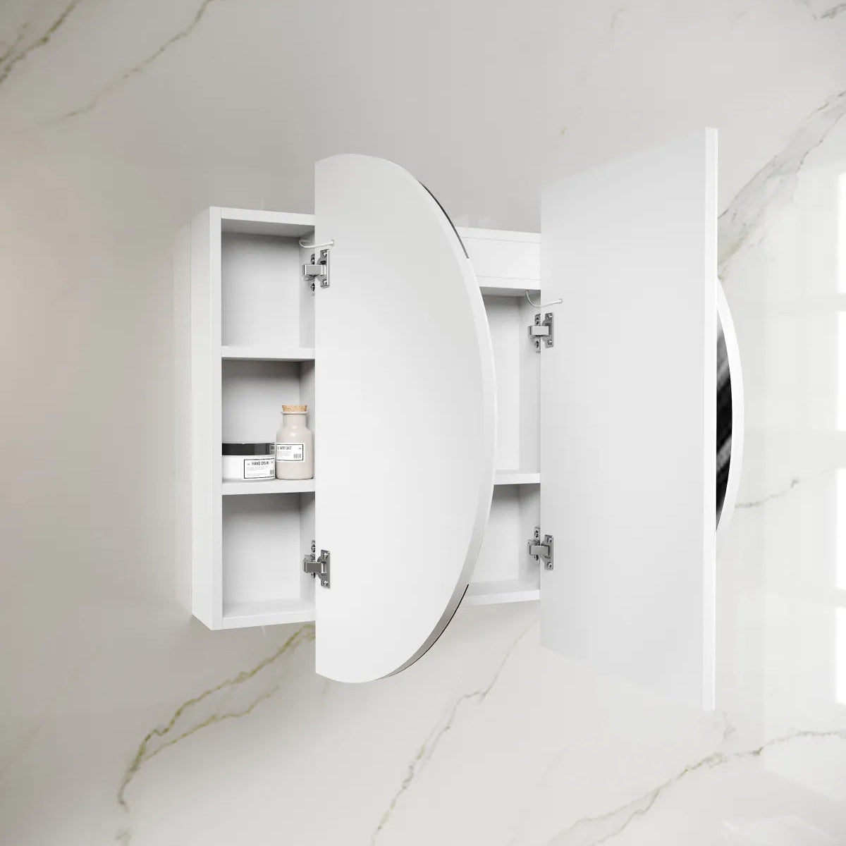 side view of open LED Bondi White Shaving Cabinet - 1500 x 900mm