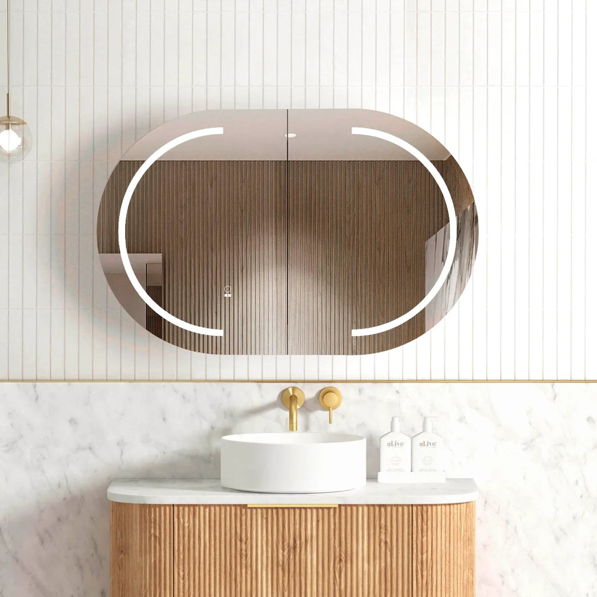 Bathroom with mounted LED Bondi Natural Oak Shaving Cabinet - 900x600mm and mirror