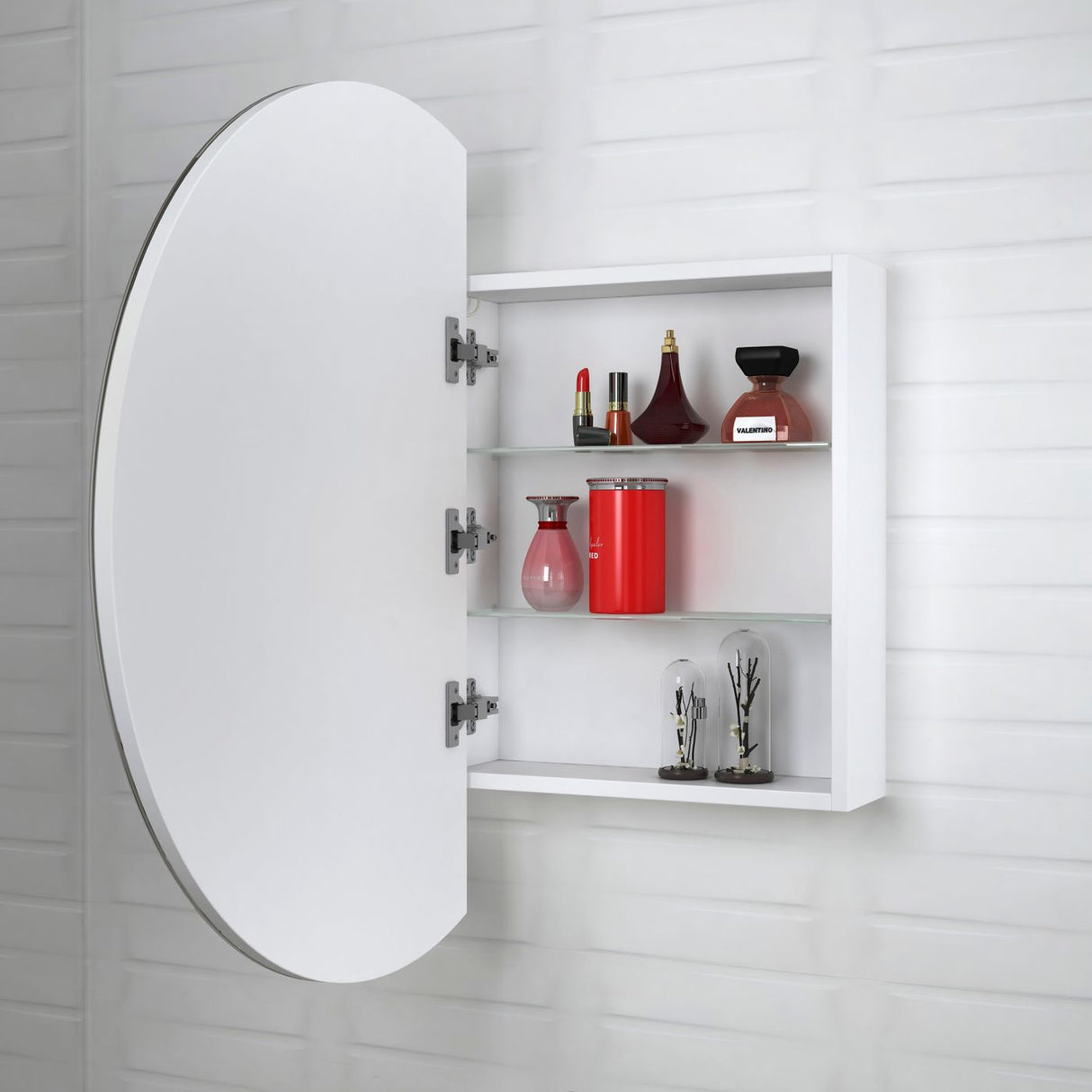 Side view open LED London 800mm White Shaving Cabinet