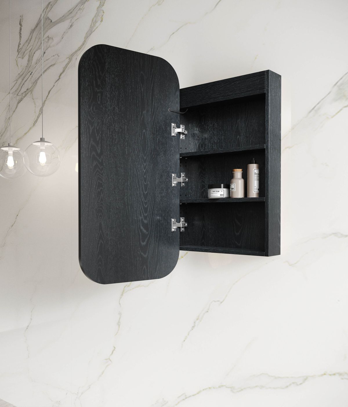 Side view of open LED Newport 900x450 Shaving Cabinet Soft Square